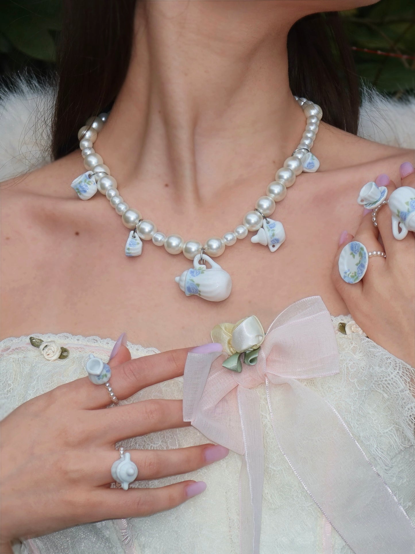 Blue tea set necklace