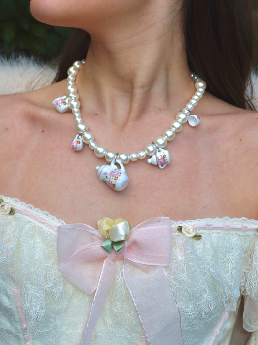 Pink tea set necklace